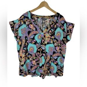 Haute Hippie Top 3X Multi Floral Paisley Distressed Sleeves Boho